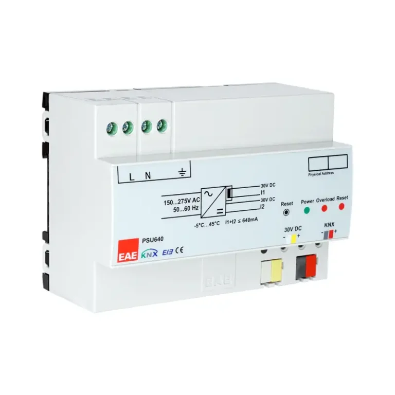 Alimentation bus KNX 640mA EAE PS640A – double sortie 30V DC SELV avec protection surcharge